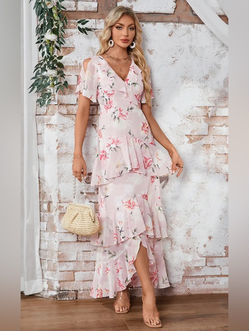 JJ's House Mirabel NWT Pink Floral Chiffon Tiered Ruffle Maxi Dress S